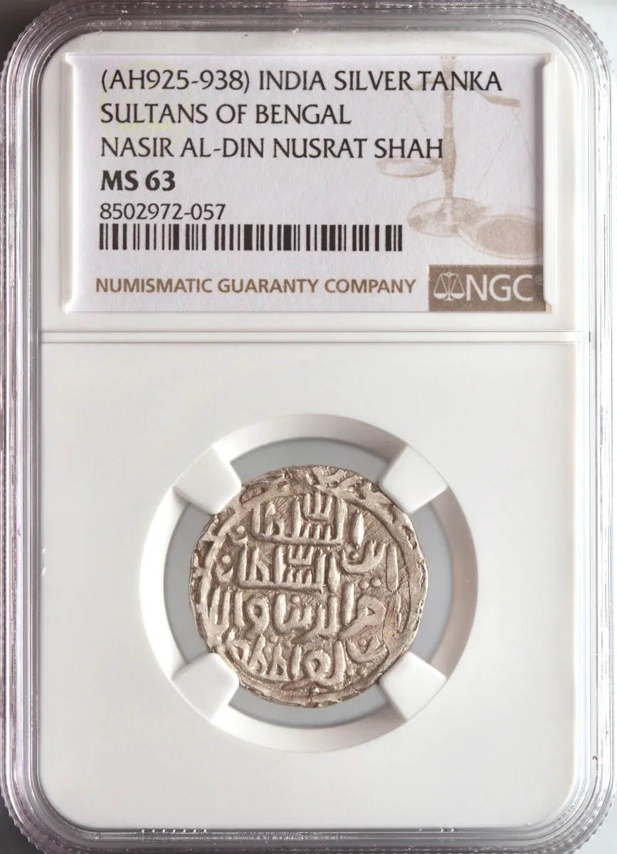Bengal: Nasir al-Din Nusrat Shah (1519-1531), silver tanka, AH 925-938 (1519-1531 CE). NGC MS 63.