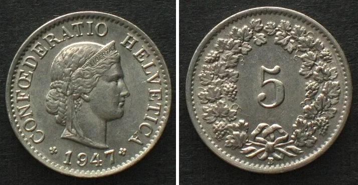 1947 SWITZERLAND 5 Rappen 1947 Cu-Ni UNC!