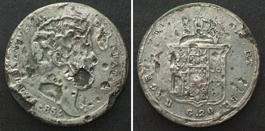 1854 Italian States NAPLES. 20 Grana 1854 - CONTEMPORARY COUNTERFEIT - RARE! VF