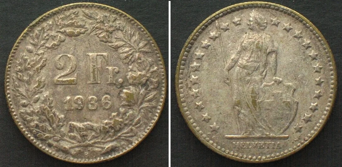 1936 SWITZERLAND 2 Francs 1936, contemporary counterfeit, RARE! EF