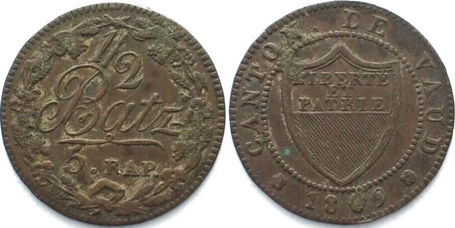 1809 Swiss VAUD 1/2 Batzen 1809 billon VF+