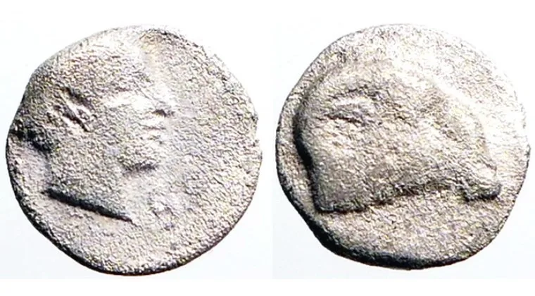 Troas, Kebren 400-350 BC, AR 7.4mm .36gm Obol. Apollo / Ram