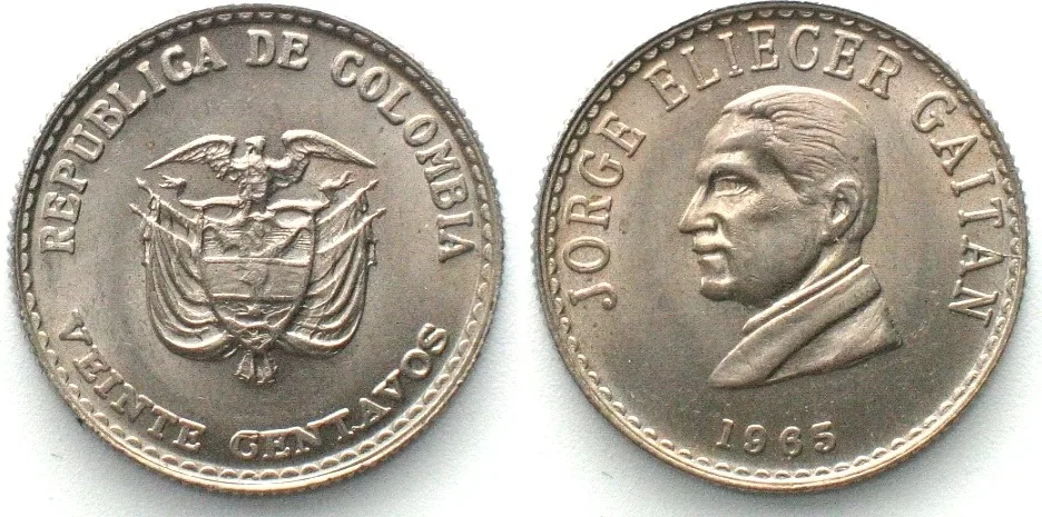 1965 COLOMBIA 20 Centavos 1965 JORGE ELIECER GAITAN Cu-Ni BU!!!