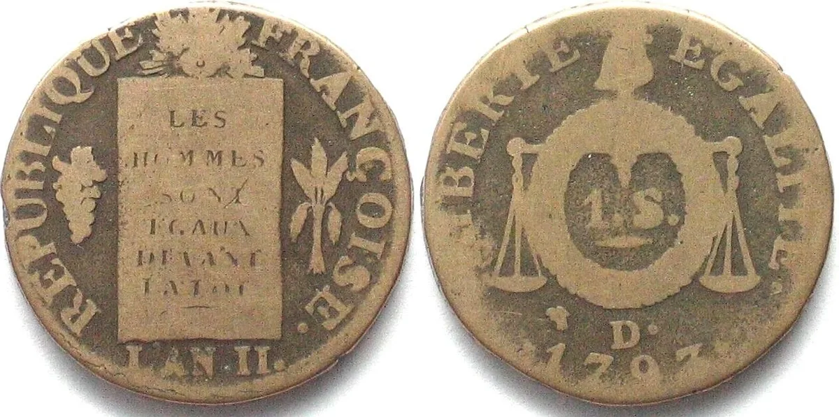 1793 FRANCE Sol 1793 eagle head D Lyon mint, bronze F+