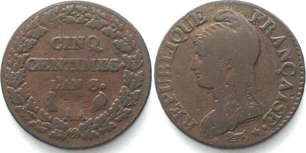 1799-1800 FRANCE 5 Centimes An 8/6 (1799-1800) AA Metz, bronze VF