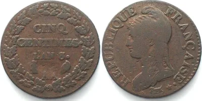 1799-1800 FRANCE 5 Centimes An 8/6 (1799-1800) AA Metz, bronze VF