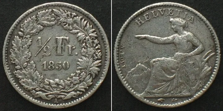 1850 SWITZERLAND. 1/2 Franc 1850 A, SEATED HELVETIA silver VF-XF VF-EF