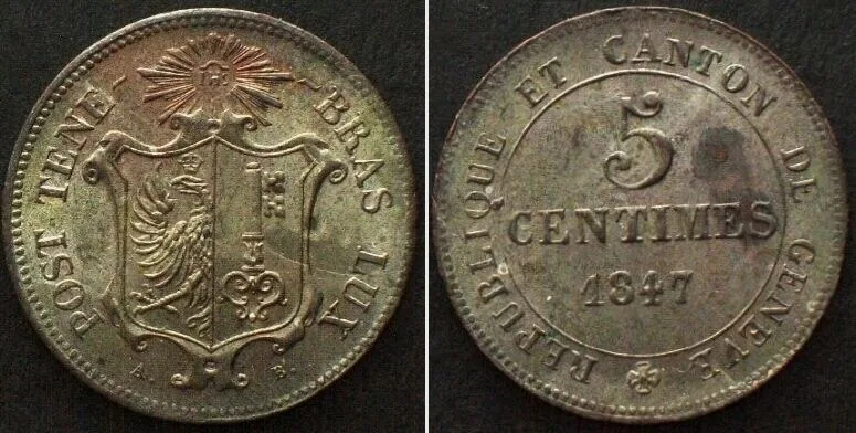 1847 Swiss Cantons GENEVA 5 Centimes 1847 billon UNC!!!