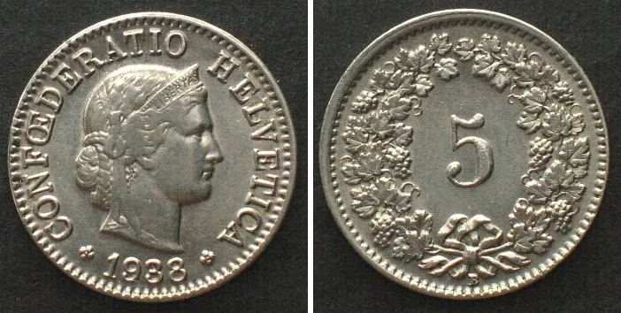 1938 SWITZERLAND 5 Rappen 1938 nickel UNC!!!