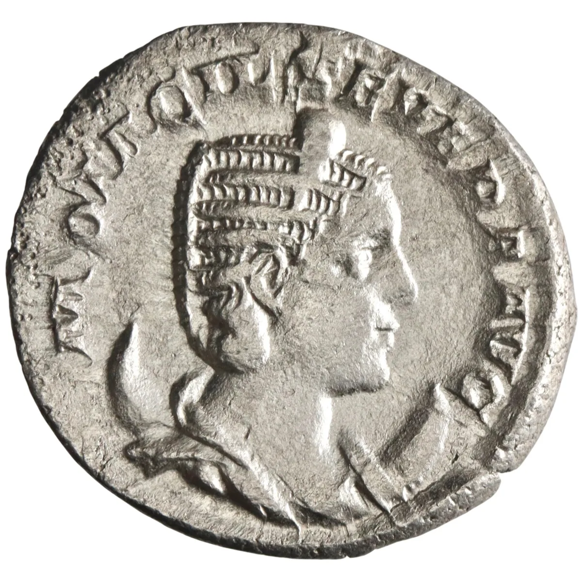 Roman: Otacilia Severa (244-249), silver antoninianus (3.12g), Rome mint, 244-249 CE. Diademed, draped bust on crescent / Juno standing left, holding patera and sceptre.