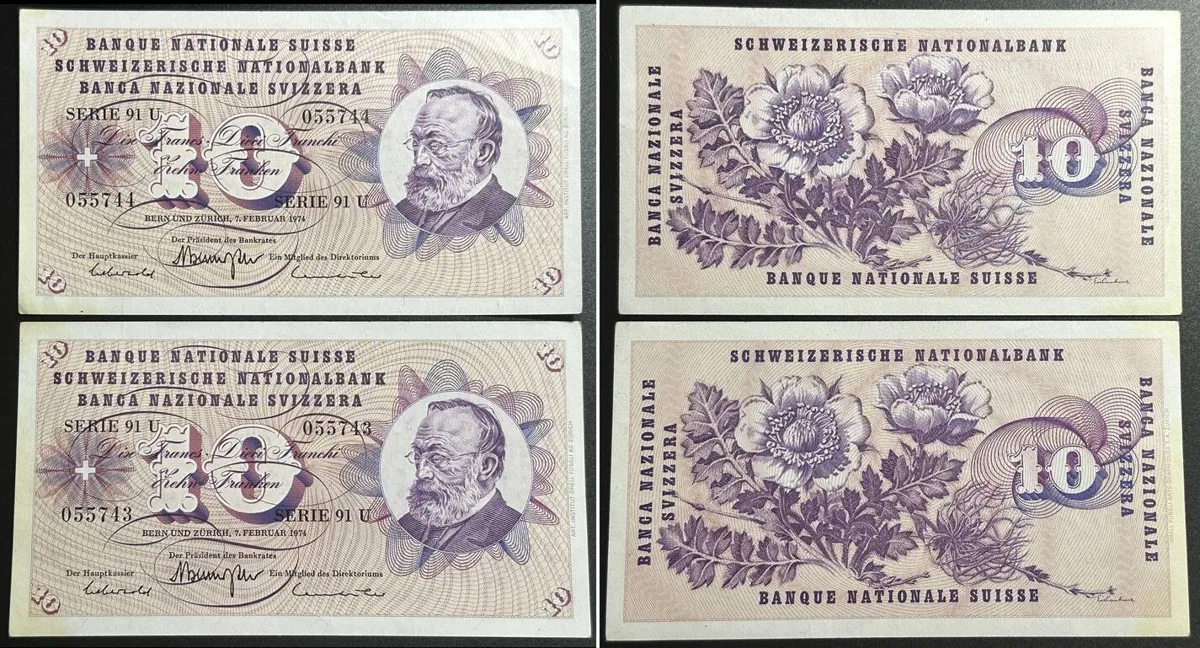 1974 SWITZERLAND 2 x 10 Franken 7.2.1974, UNC-, CONSECUTIVE SERIAL NUMBERS UNC-