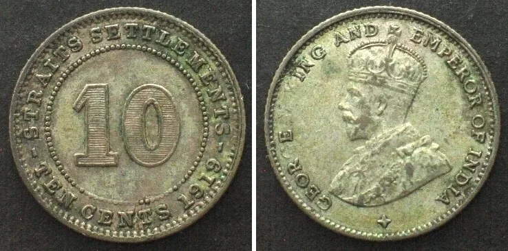 1919 STRAITS SETTLEMENTS. 10 Cents 1919, GEORGE V silver UNC!!!