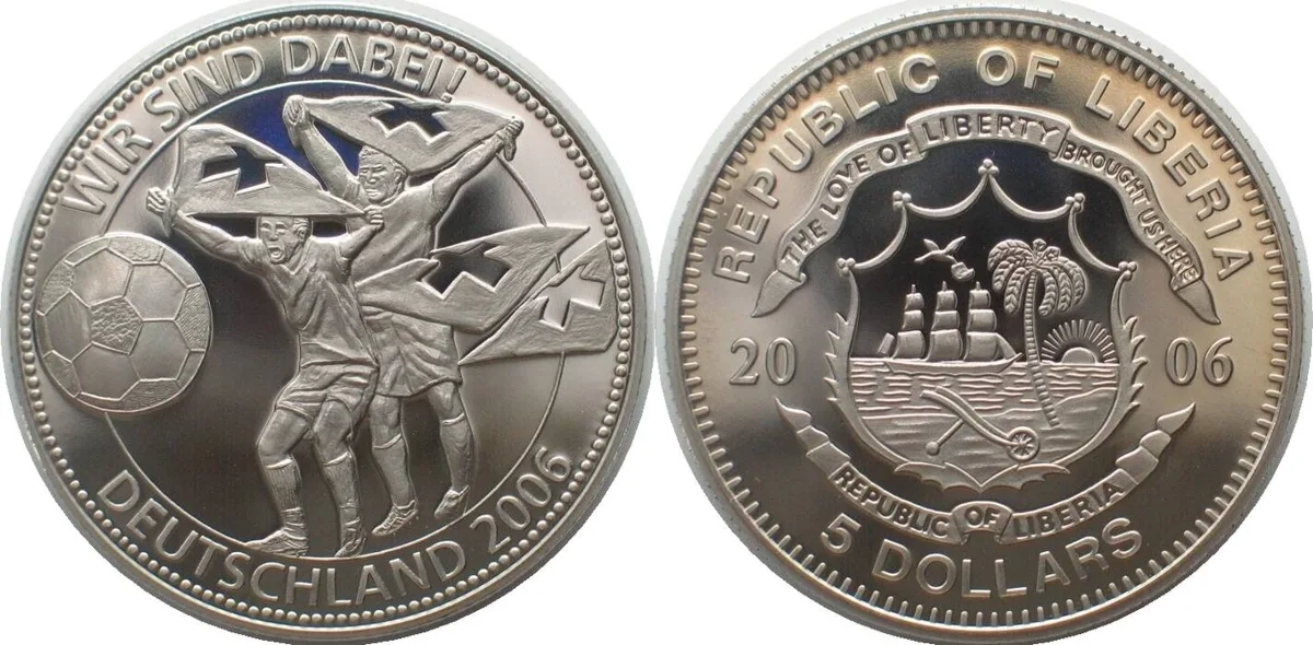 2006 LIBERIA 5 Dollars 2006 Swiss Team SOCCER WORLD CUP Cu-Ni SCARCE! Proof