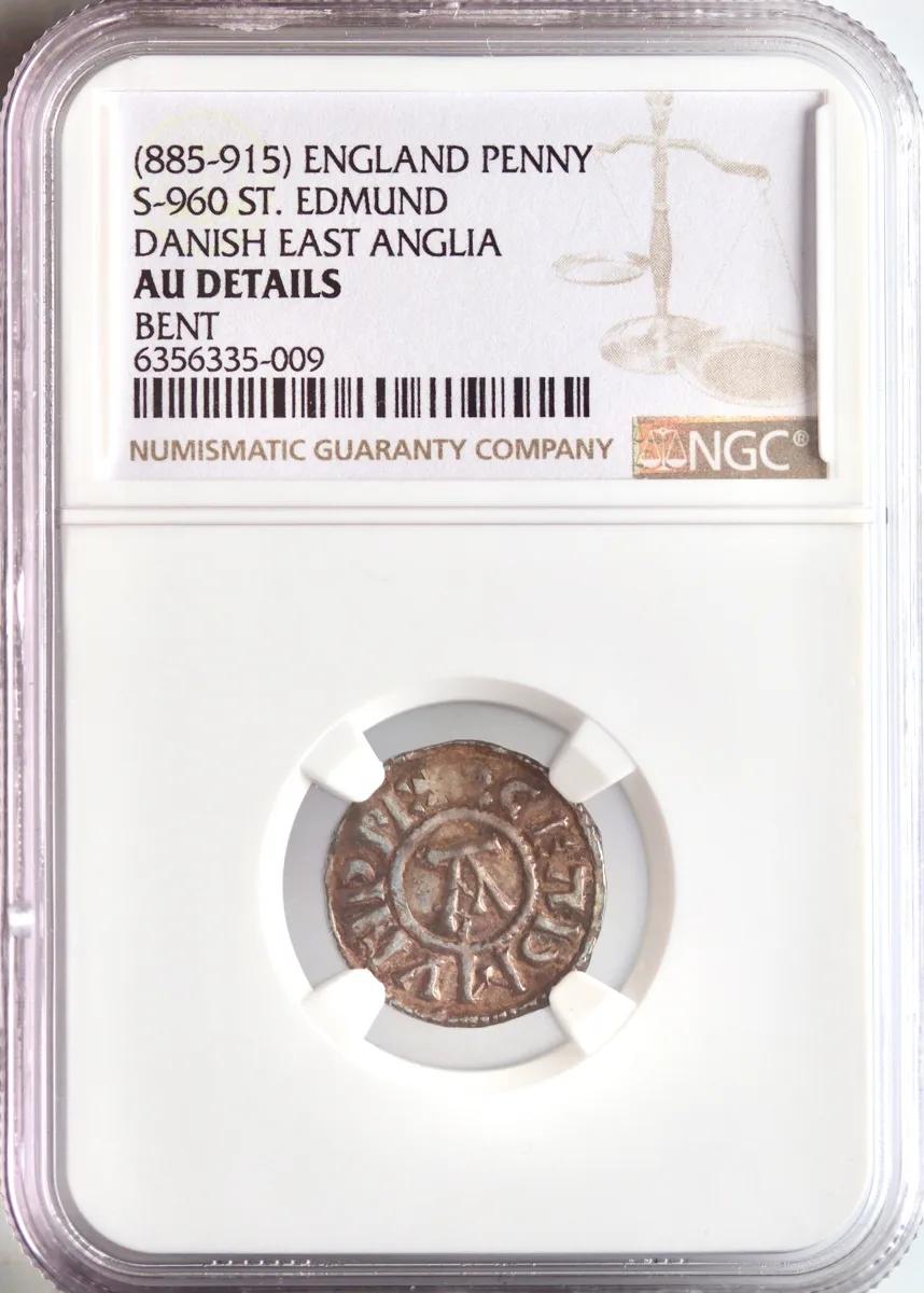 Anglo-Viking, Danish East Anglia: silver penny, mint in East Anglia, 885-918 CE. Adradus, moneyer. St. Edmund memorial coinage. NGC AU Details -Bent.