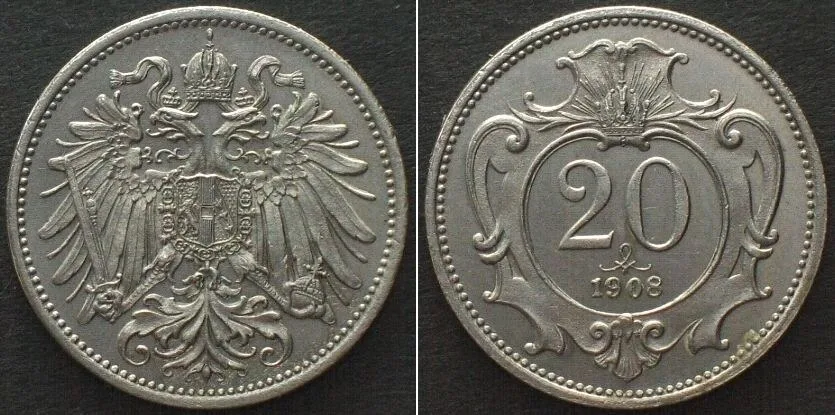 1908 AUSTRIA. 20 Heller 1908, FRANZ JOSEPH I, nickel, PROOFLIKE SPECIMEN! Prooflike