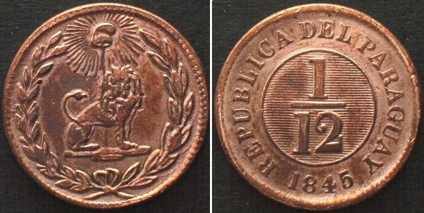 1845 PARAGUAY. 1/12 Real 1845, Birmingham mint, medal alignment, copper AU!