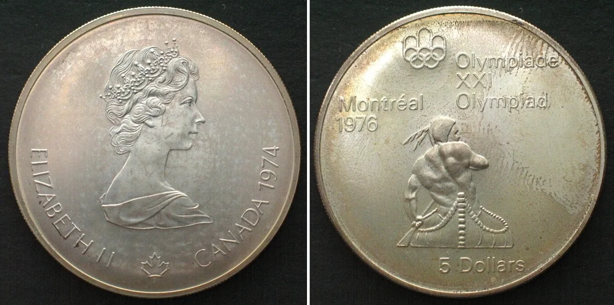 1974 CANADA 5 Dollars 1974, OLYMPICS MONTREAL, silver UNC