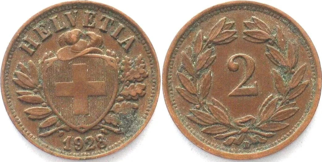 1928 SWITZERLAND 2 Rappen 1928 Bronze VF-XF SCARCE! VF-EF