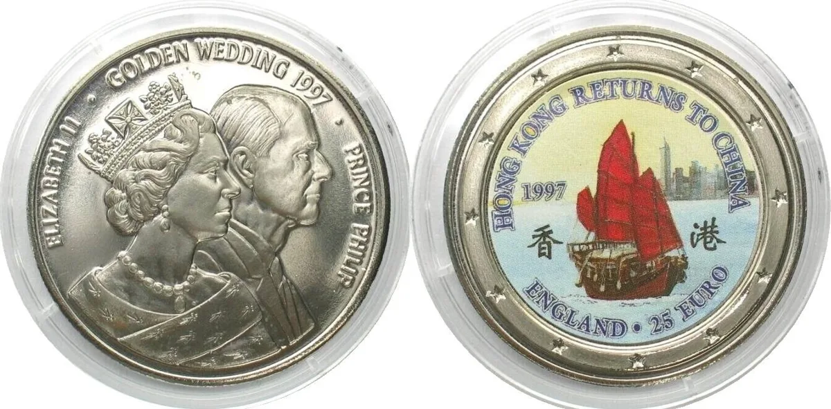 1997 UK 25 Euro 1997 Ship HONG KONG RETURNS TO CHINA / GOLDEN WEDDING Cu-Ni BU