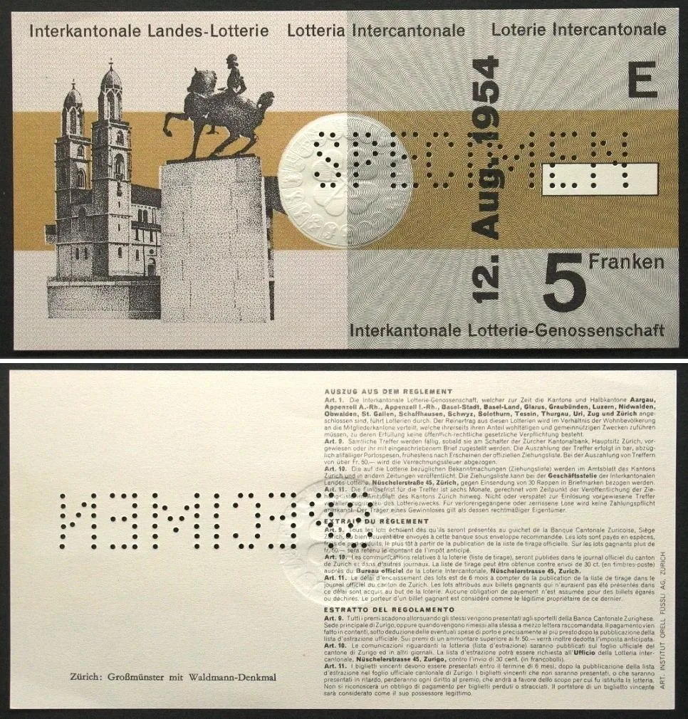 1954 Swisslos INTERKANTONALE LANDES-LOTTERIE - SPECIMEN 5 Francs 1954 RARE! UNC
