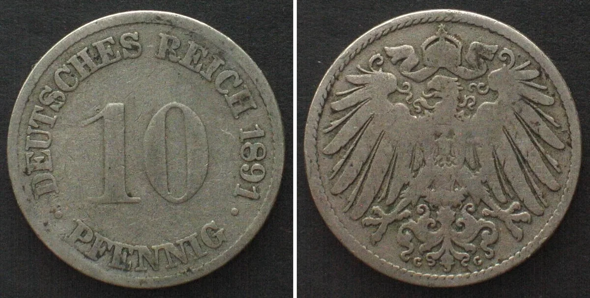 1891 Germany EMPIRE 10 Pfennig 1891 G, Cu-Ni, VERY SCARCE! F+