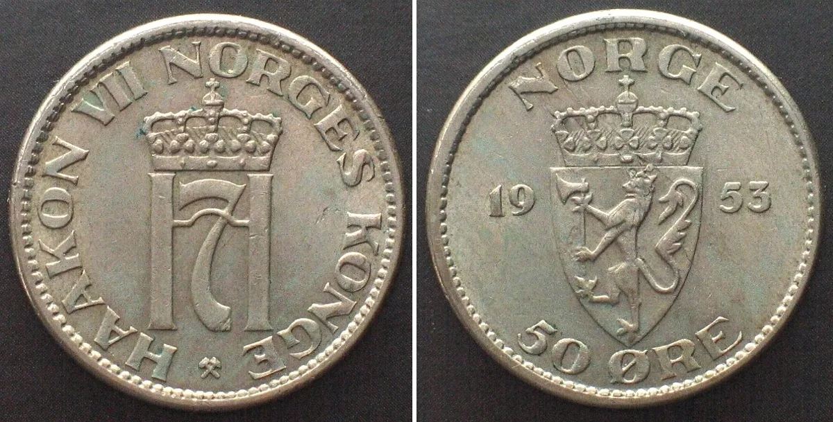 1953 NORWAY 50 Ore 1953 HAAKON VII Cu-Ni UNC!