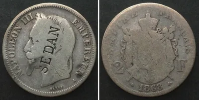1868 SATYRIC 2 Francs 1868 A, NAPOLEON III, silver, countermarked SEDAN F+/F