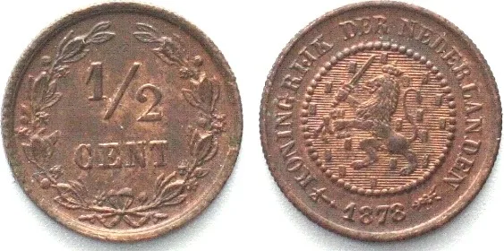 1878 NETHERLANDS 1/2 Cent 1878, WILLEM III bronze UNC!!!