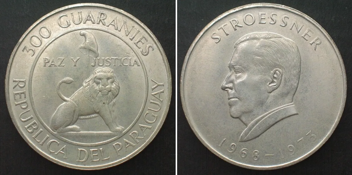 1968 PARAGUAY. 300 Guaranies 1968, PRESIDENT STROESSNER, silver UNC