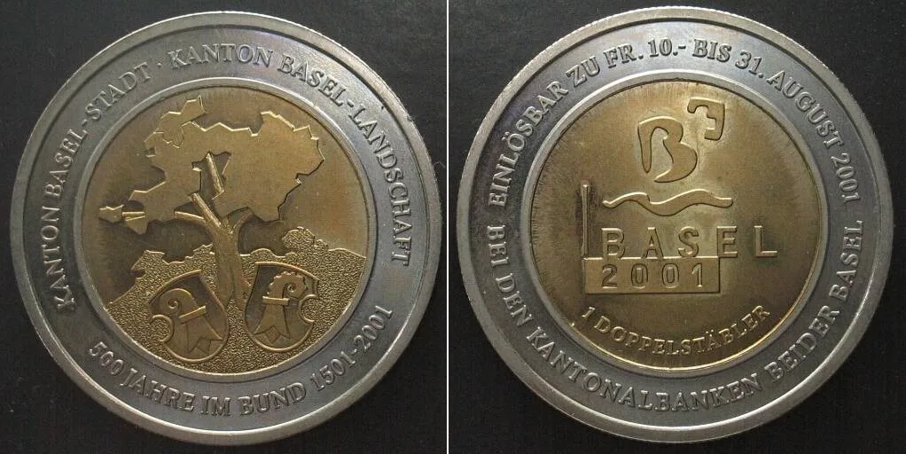 2001 Swiss BASEL 10 Francs (Doppelstabler) 2001 bi-mettalic UNC