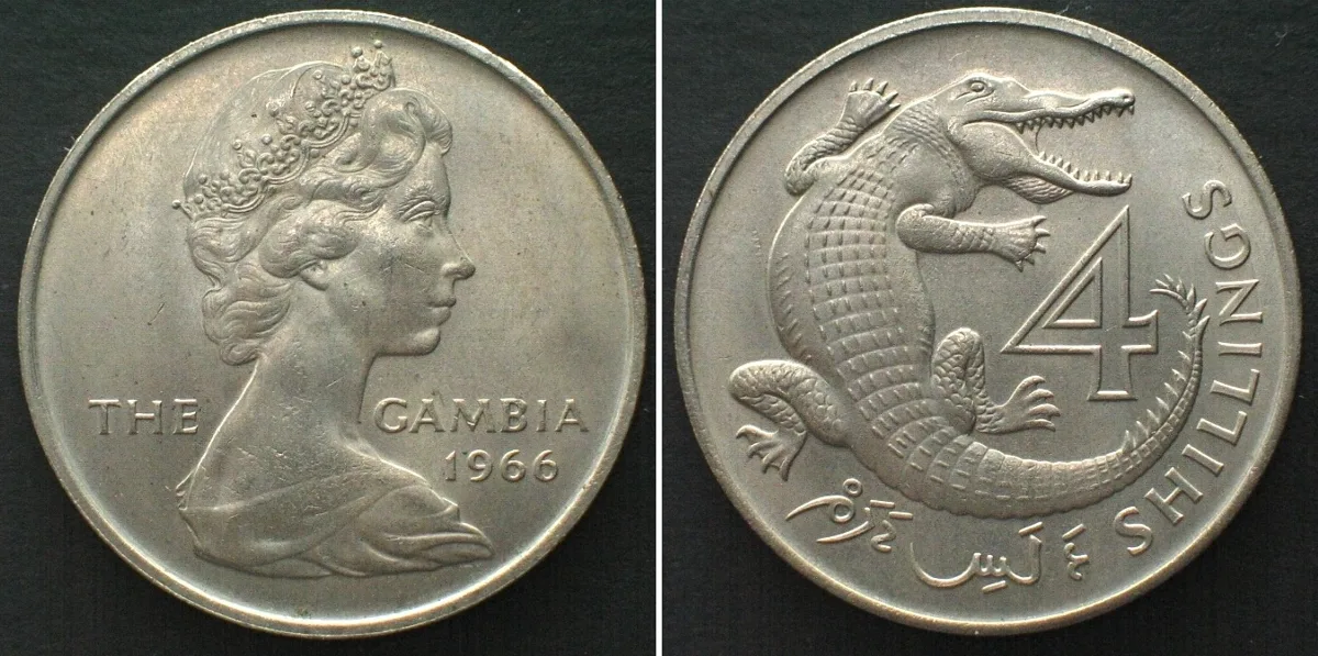 1966 GAMBIA 4 Shillings 1966 Crocodile ELIZABETH II. Cu-Ni UNC