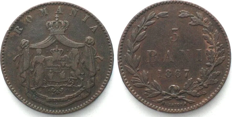 1867 ROMANIA 5 Bani 1867 Heaton, CAROL I copper VF+