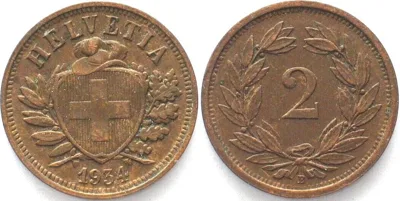 1934 SWITZERLAND. 2 Rappen 1934 bronze SCARCE DATE! XF! EF