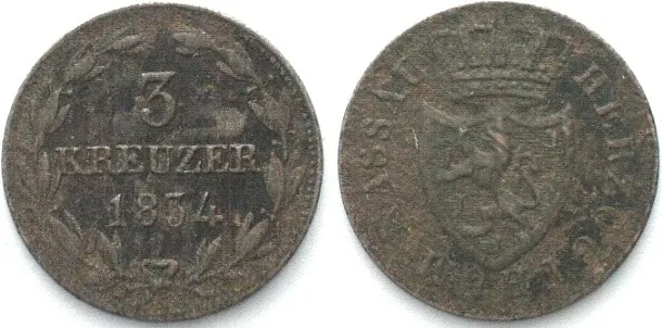 1834 German States NASSAU 3 Kreuzer 1834 WILHELM billon VF+