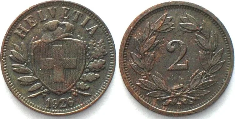 1926 SWITZERLAND 2 Rappen 1926 Bronze SCARCE YEAR! AU
