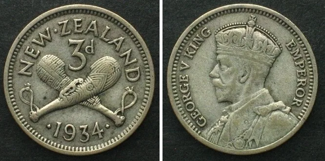 1934 NEW ZEALAND 3 Pence 1934 GEORGE V silver VF+