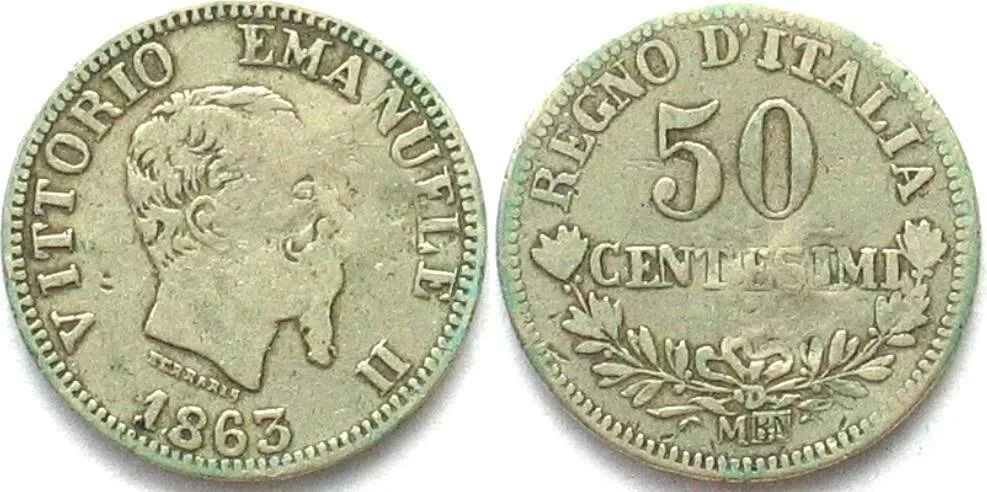 1863 ITALY 50 Centesimi 1863 CONTEMPORARY COUNTERFEIT VF