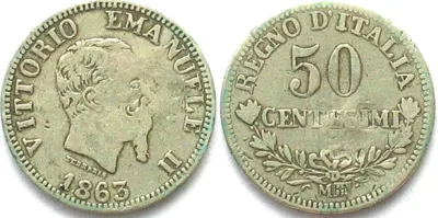 1863 ITALY 50 Centesimi 1863 CONTEMPORARY COUNTERFEIT VF