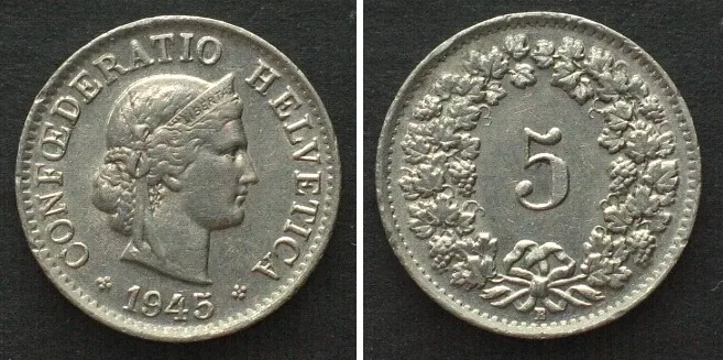 1945 SWITZERLAND 5 Rappen 1945 Cu-Ni SCARCE!!! AU!