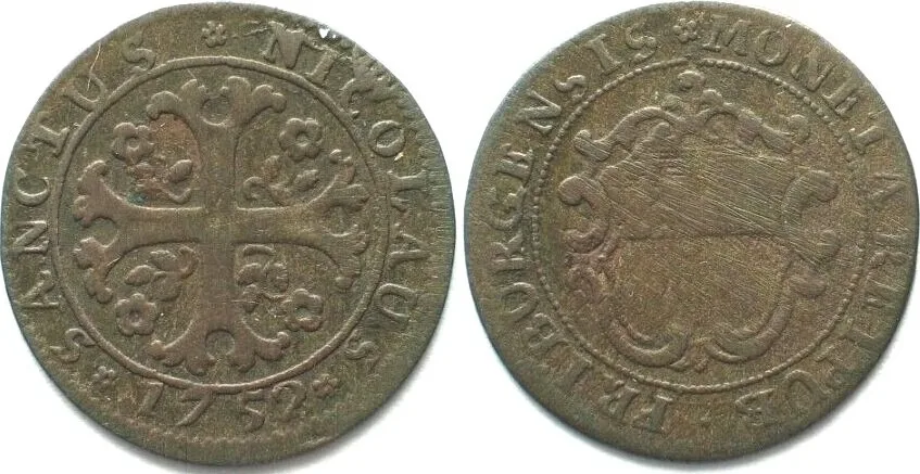 1752 Swiss Cantons FRIBOURG. 1/2 Batzen 1752 billon VF