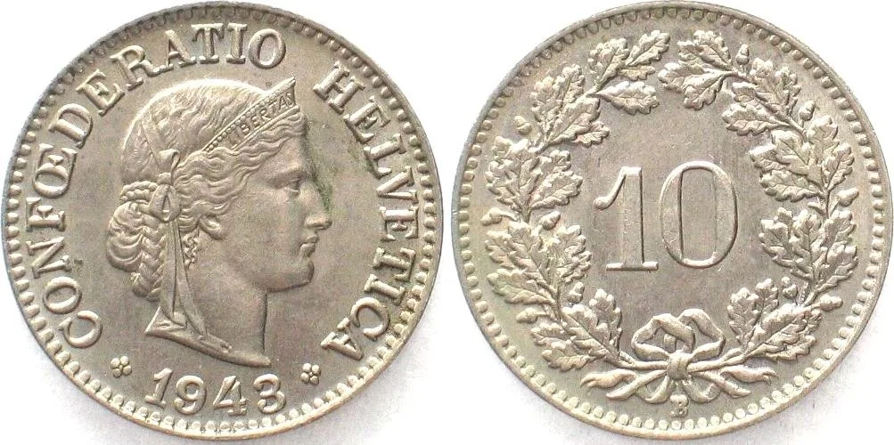 1943 SWITZERLAND 10 Rappen 1943 Cu-Ni UNC!