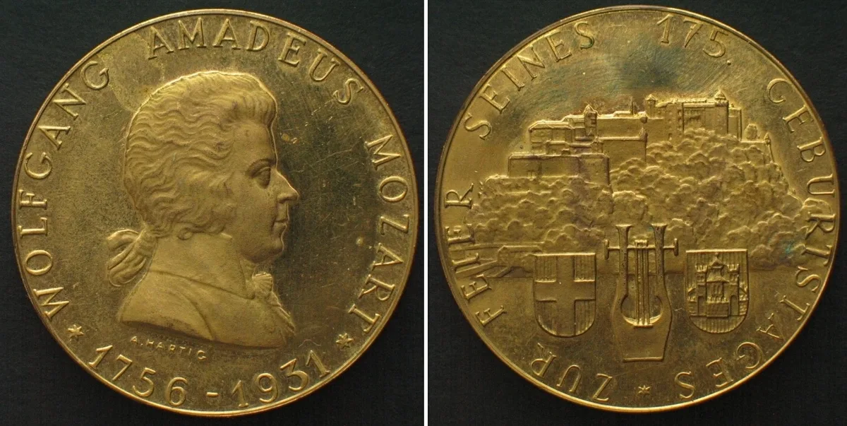 1931 AUSTRIA. Medal 1931, MOZART, by Hartig, gilt bronze, 36mm, Proof