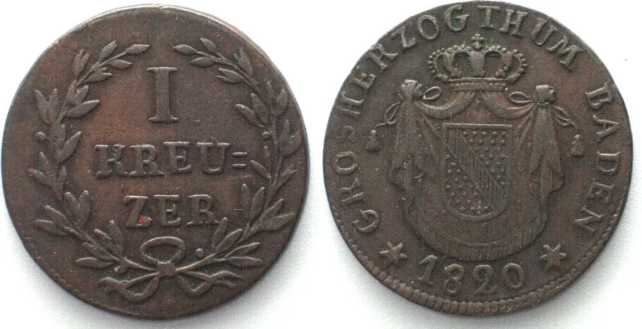 1820 German States BADEN Kreuzer 1820, LUDWIG I, copper VF-XF, SCARCE! VF-EF
