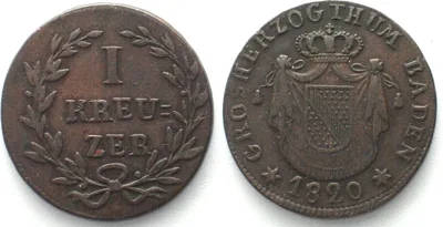 1820 German States BADEN Kreuzer 1820, LUDWIG I, copper VF-XF, SCARCE! VF-EF