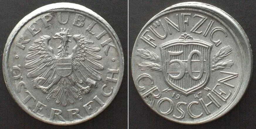 1947 AUSTRIA. 50 Groschen 1947, MINT ERROR, Alu, UNC-!
