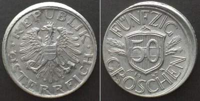 1947 AUSTRIA. 50 Groschen 1947, MINT ERROR, Alu, UNC-!