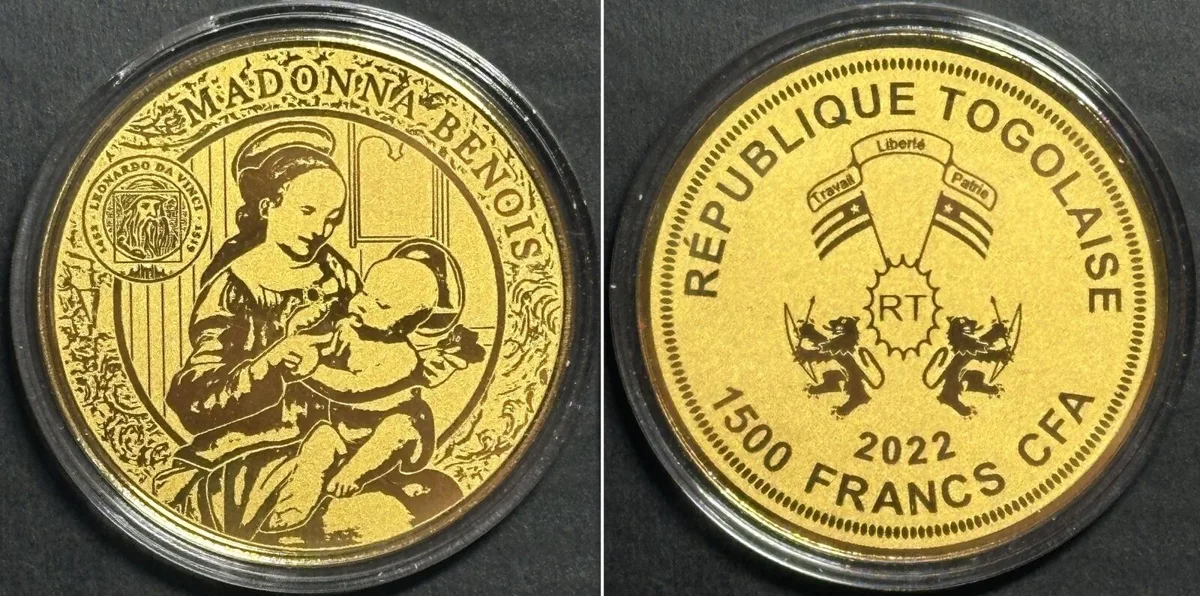 2022 TOGO 1500 Francs CFA 2022 Madonna Benois LEONARDO DA VINCI Gold 1/200 oz Proof