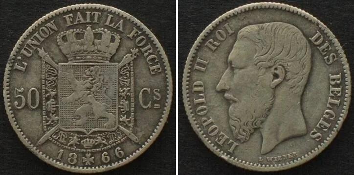1866 BELGIUM 50 Centimes 1866 LEOPOLD II silver SCARCE! VF+