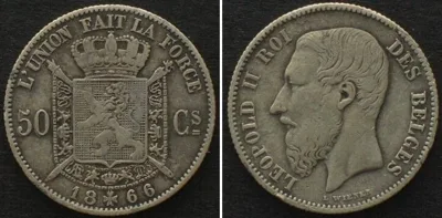 1866 BELGIUM 50 Centimes 1866 LEOPOLD II silver SCARCE! VF+