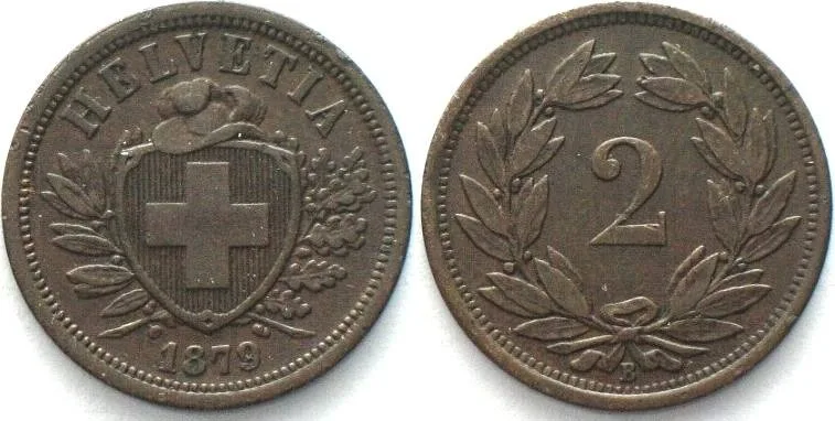 1879 SWITZERLAND 2 Rappen 1879 bronze AU!